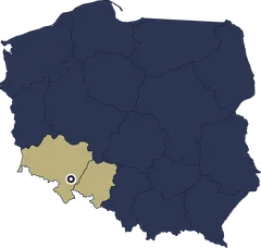 Mapa Polski z zaznaczonymi województwami dolnośląskim i opolskim oraz Ziębicami